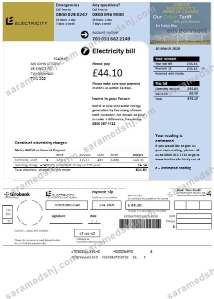 United Kingdom Electricity utility bill template in Word and PDF format